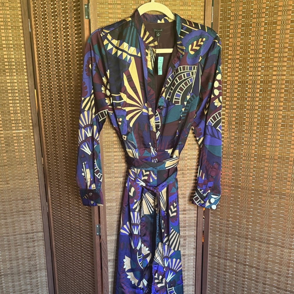 Ann Taylor Geometric Print Midi Dress in Purple, Blue, Cream